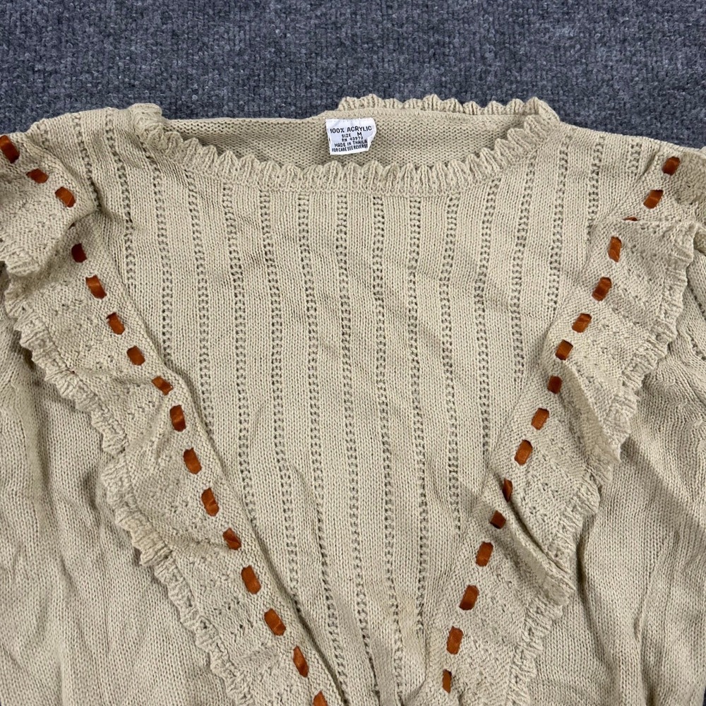Vintage Sweater Womens Size M Beige Ruffle Ribbon Trim Pointelle Long Sleeve